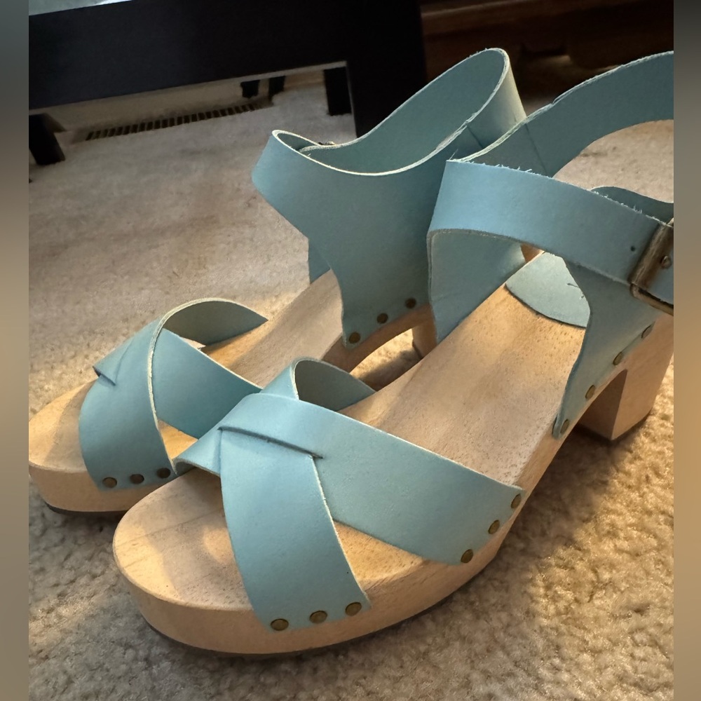 LOFT Aqua Blue Cross-Strap Wooden Platform Sandals